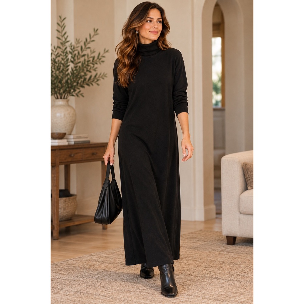 Weekenders Mock Neck Maxi Dress L Black Long Sleeve Cotton Blend USA Lagenlook